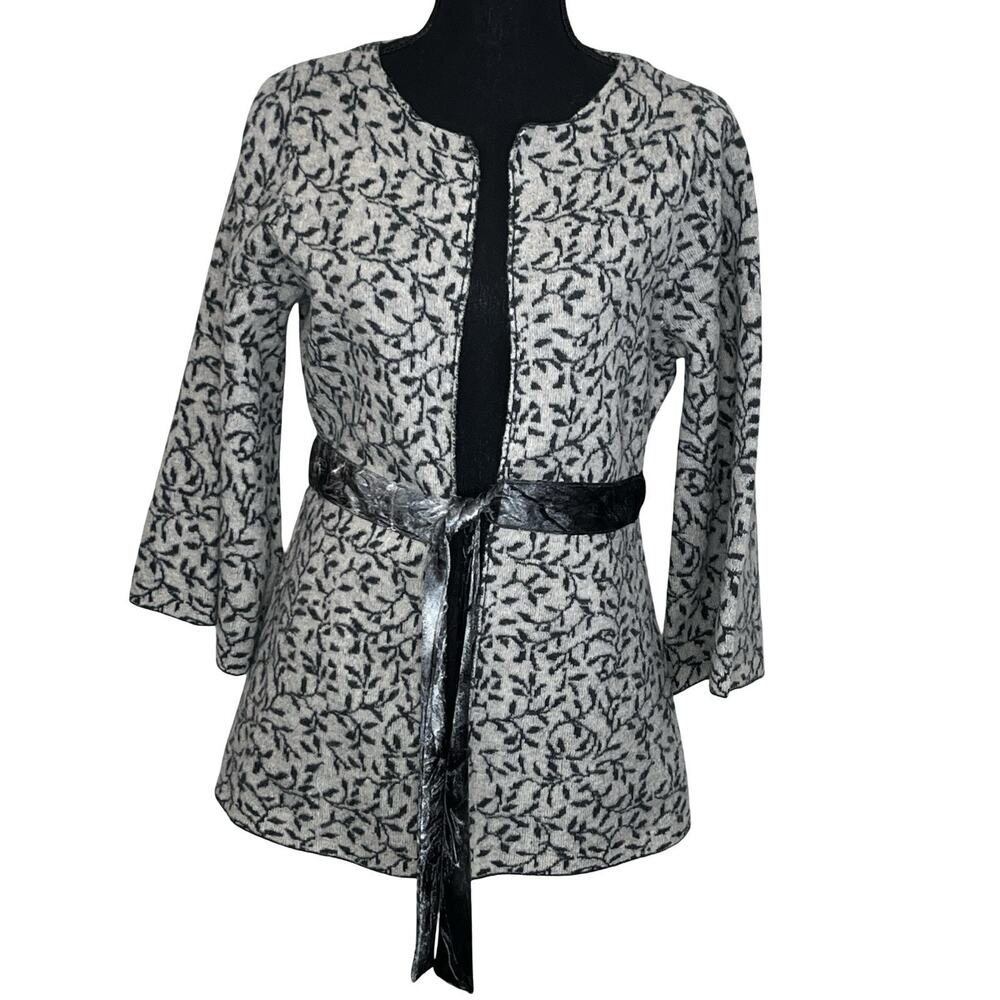 Heather B Gray Black Leaf Print Belted Cardigan Jacket Boho Artsy Flare Sleeve S